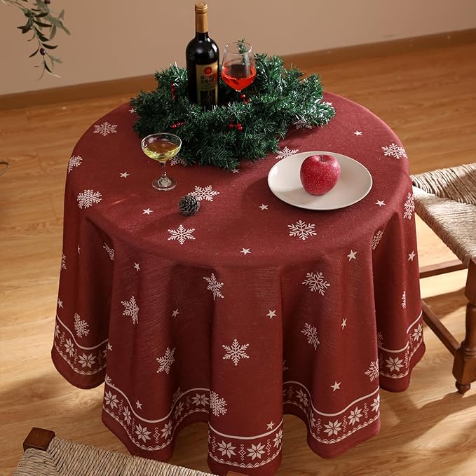 ISAENNE Designer Christmas Red Round Tablecloth,Linen Table Cloth with Snowflakes Pattern,Wrinkle Resistant Decor Tablecloths for Dining Kitchen Thanksgiving Christmas,Diameter 67"-Carol C