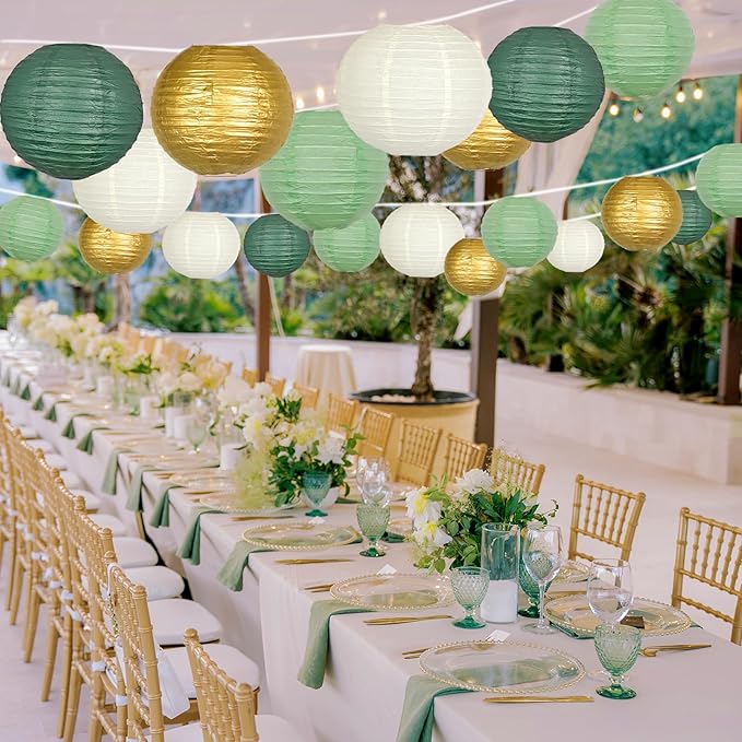 ADLKGG Sage Green Gold Paper Lanterns Decorative, Round Hanging Paper Lanterns for Graduation Wedding Bridal Shower Birthday Party Neutral Baby Shower Decorations, 21pcs