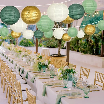 ADLKGG Sage Green Gold Paper Lanterns Decorative, Round Hanging Paper Lanterns for Graduation Wedding Bridal Shower Birthday Party Neutral Baby Shower Decorations, 21pcs