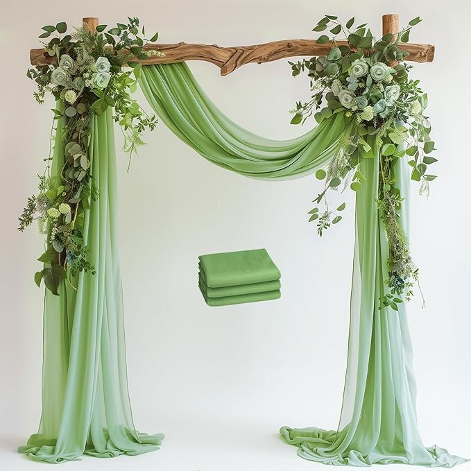 Wedding Arch Draping Fabric 3 Panels 28.7" x 20FT Sage Green Sheer Chiffon Backdrop Drapes for Wedding Ceremony Birthday Party Bridal Shower Outdoor Decoration