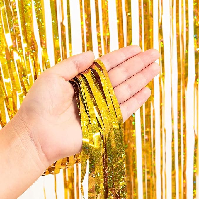 BRAVESHINE Black Gold Foil Fringe Curtain Backdrop - 2 Pack 3.2 x 8.2 ft Metallic Tinsel Photo Booth Streamers Curtains for 50th Birthdays Christmas New Years Anniversary Graduates Party Decorations