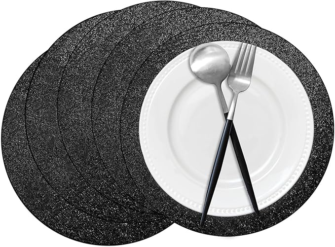 50 Pieces Black Glitter Paper Place Mats Sparkle 14'' Round Disposable Table Mats Black Doilies Decorative Placemats for Wedding Banquet Party Home Dining Table Decor