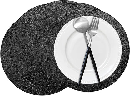 50 Pieces Black Glitter Paper Place Mats Sparkle 14'' Round Disposable Table Mats Black Doilies Decorative Placemats for Wedding Banquet Party Home Dining Table Decor