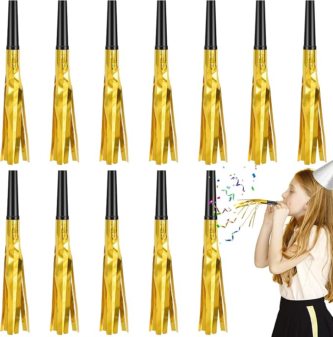 12 Pcs Glitter Noise Makers Metallic Fringed Party Blower for Adults Birthday Graduation New Years Party Favors Supplies (Gold)