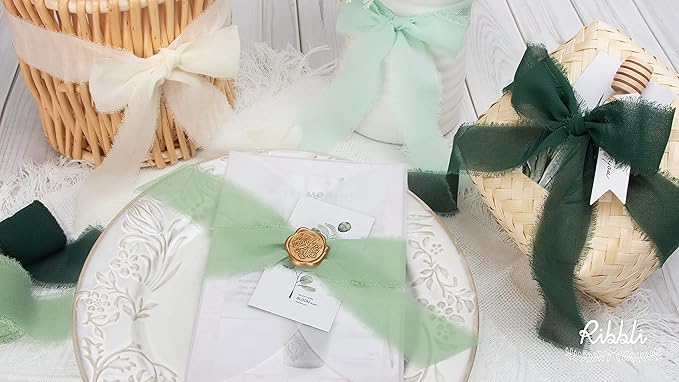 Ribbli Forest Green Chiffon Silk Ribbon, 1.5 Inch x 30 Yard - Handmade, Fringe, Wedding Invitations, Gift Wrapping, Bridal Bouquets, Flower Arrangement
