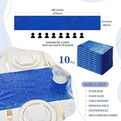 Glitter Sequin Table Runners Royal Blue 10 Pieces 12x108 Inches Sequin Fabric Shimmer Table Runner for Baby Shower Banquet Wedding Table Decorations