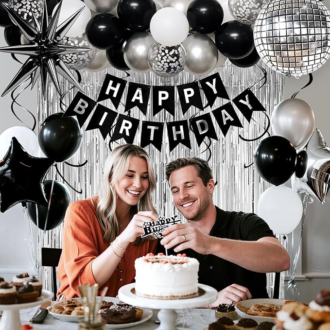 16th Birthday Decorations for Boys Girls, Black Silver Happy Birthday Party Decorations， 16 Year Old Party Supplies with Number 16 Balloons, Banner, Fringe Curtains Kit