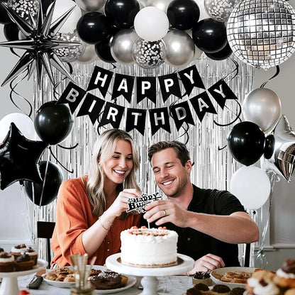 25th Birthday Decorations for Men Women, Black Silver Happy Birthday Party Decorations， 25 Year Old Party Supplies with Number 25 Balloons, Banner, Fringe Curtains Kit