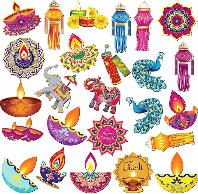 Xuhal 25 Pcs Happy Diwali Magnets Decoration Colorful Elephants Lanterns Oil Lamps Peacock Decorative Fridge Magnetic Stickers for Mailbox Car Metal Garage Door Decoration