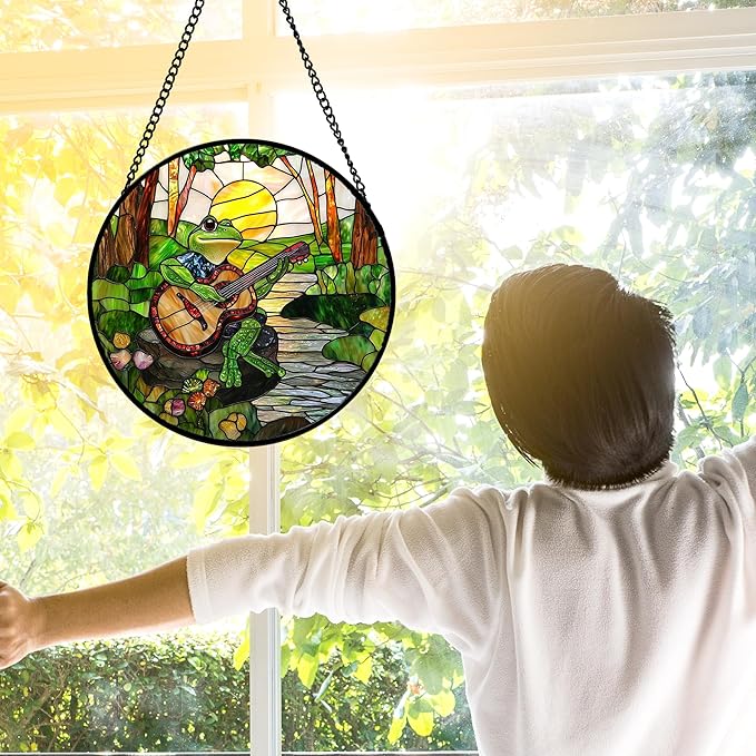 Stained Glass Window Hanging, Frog Playing Guitar Suncatcher Diamond Glass Panel Funny Sun Catchers Decor for Birthday for Women, Men, Wife, Aunt, and Mom 11.8x11.8 in