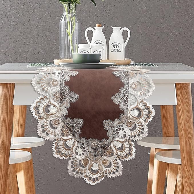 Vintage Lace Dining Table Runner, 108 Inches Macrame Coffee Table Runners for Kitchen Home Christmas Party Decorations (16x108 inch,Brown)