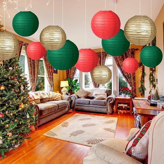 Green Red Paper Lanterns Decorative 12pcs Christmas Hanging Decorations for Graduation Anniversary Birthday Party