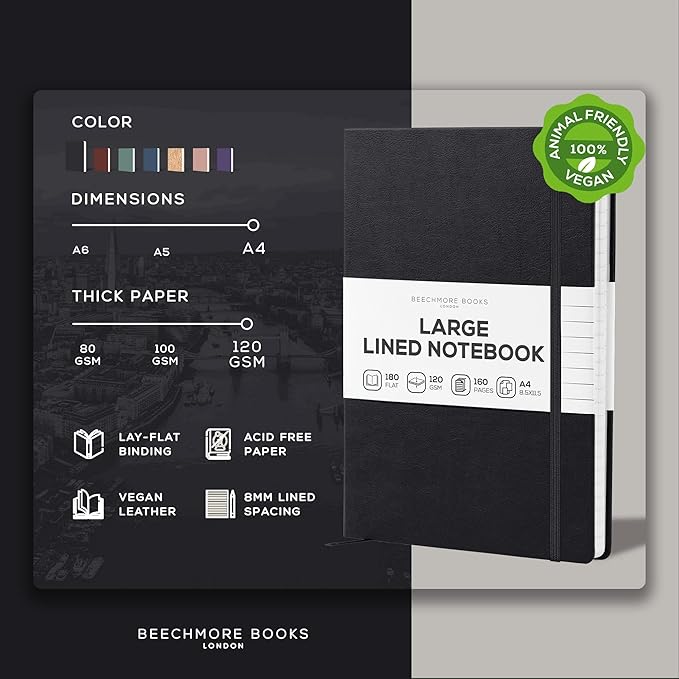 BEECHMORE BOOKS Lined Journal Notebook, 8.5 x 11.5 inch, A4 160 Lined Pages, Hardcover Leather Journals for Women, Men, Writing and Notebooks for Work - 120 GSM Thick Paper, Gifts Box Included