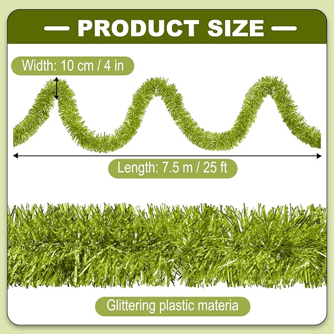 25 Feet Metallic Twist Tinsel Garland - Wall Hanging Backdrop for Parade Floats, Christmas Eve, New Year, Valentine's Day Parties (Light Green, 4in x 25ft)