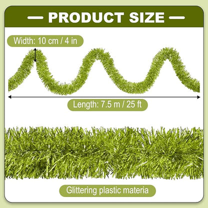 25 Feet Metallic Twist Tinsel Garland - Wall Hanging Backdrop for Parade Floats, Christmas Eve, New Year, Valentine's Day Parties (Light Green, 4in x 25ft)
