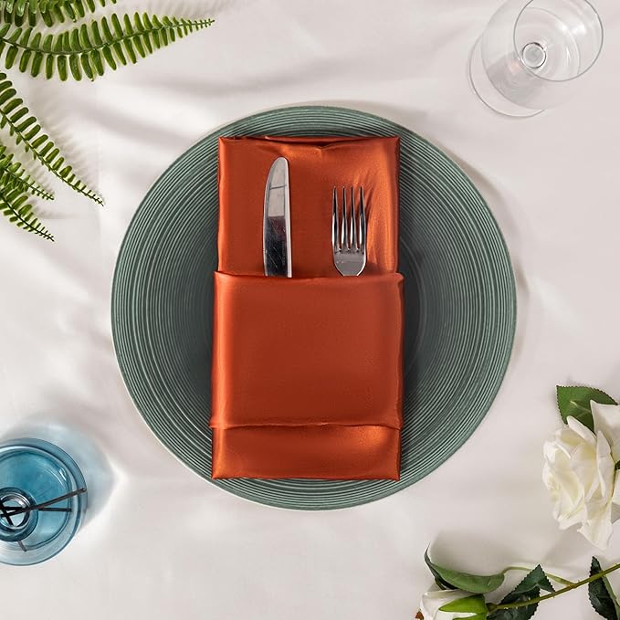 36 Pack Square Satin Dinner Napkins, 16x16 Inches Silky Soft Smooth Table Cloth Napkins for Restaurant Weddings Banquet Party Decoration, Burnt Orange