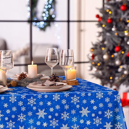 Jectivs 3 Pieces Christmas Snowflake Plastic Party Tablecloth Decorations,White Snowflake Blue Xmas Backdrop Sign Table Cover Banner for Winter Christmas Holiday Party Supplies,54x108 inch (Blue)