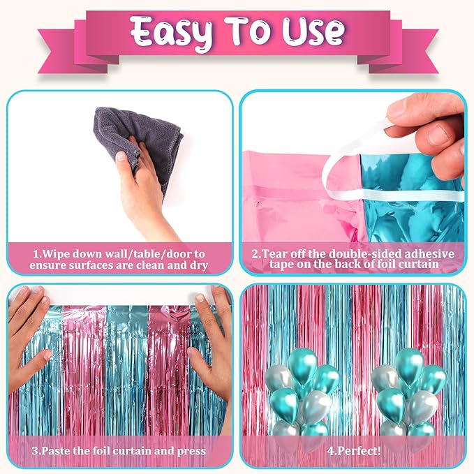 2 Pack Blue and Pink Foil Fringe Backdrop Curtains, Tinsel Streamers Mermaid Party Decorations, Fringe Backdrop for Mermaid Birthday, Baby Shower, Gender Reveal, Disco, Graduation Party