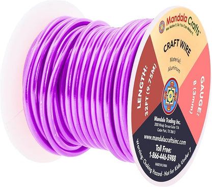Mandala Crafts 8 Gauge Anodized Aluminum Craft Wire for Jewelry Making - 32 FT Colored Flexible Violet Wire - Bendable for Bonsai Armature Crafting Sculpting