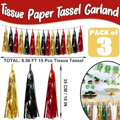 3P Black-Red Gold Foil Fringe Metallic Tassel Garland, Tassels Banner Streamers for Parade Floats, Bachelorette, Wedding, Birthday, Halloween, Christmas, Bridal/Baby Shower Party Decorations