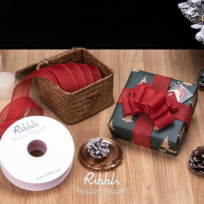 Ribbli Red Burlap Wired Ribbon,1-1/2 Inch x 10 Yard,Wired Edge Ribbon for Big Bow,Wreath,Tree Decoration,Outdoor Decoration