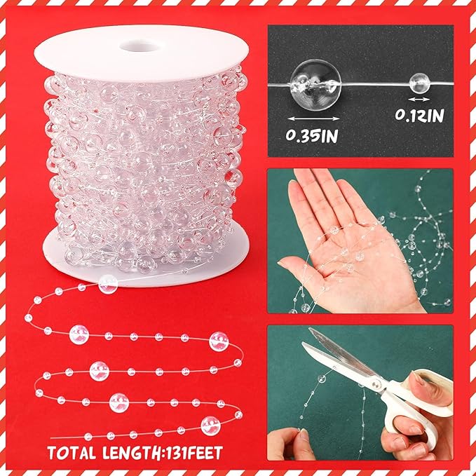 JULBEAR Beads Garland Decoration, 1Rolls 131Feet Clear Christmas Pearl Strands Chain Bead Garland for Christmas Tree Fireplace Wreath Gift Bouquet Crafts Wrapping Wedding Party Centerpieces
