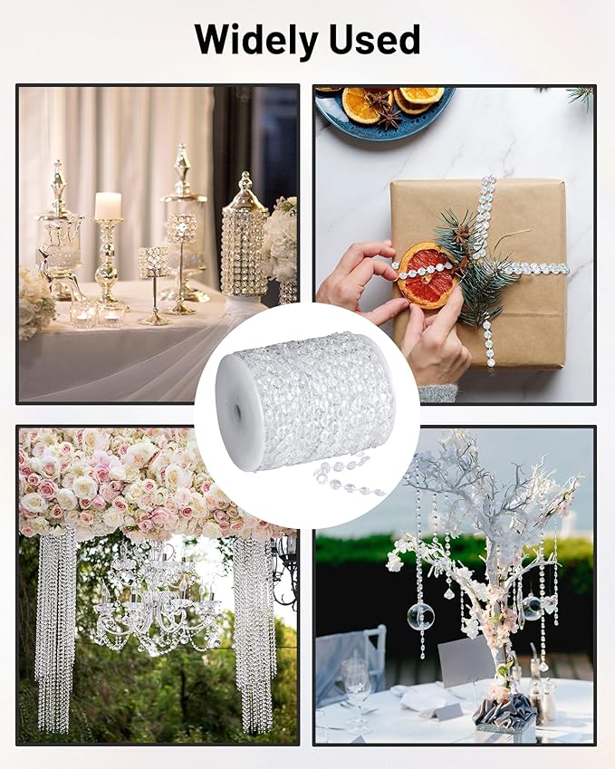 99FT Crystal Garland Strands, Acrylic Clear Crystal Beads String Roll, Diamond-Shaped Crystal Garland for Christmas Tree Wedding Party Decorations Beaded Curtain DIY Crafting Projects