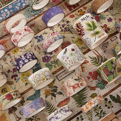 42 Rolls Vintage Washi Tape Set, Floral Letter Butterfly Mushroom Botanical Flower Writable Decorative Tapes for Scrapbooking , Junk Journal Supplies, Bullet Journaling 5-75mm Wide 9.84ft long/Roll
