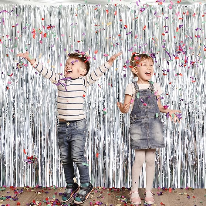 GOER 3.2 ft x 8.2 ft Metallic Tinsel Foil Fringe Curtains Party Photo Backdrop Party Streamers for Birthday,Graduation,New Year Eve Decorations Wedding Decor (3 Pcs, Shiny Silver)