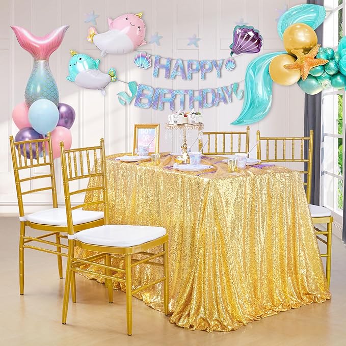 QueenDream Gold Sequin Tablecloth 60x102 Inch Sparkly Gold Wedding Tablecloth for Baby Shower Birthday Christmas Party Decorations