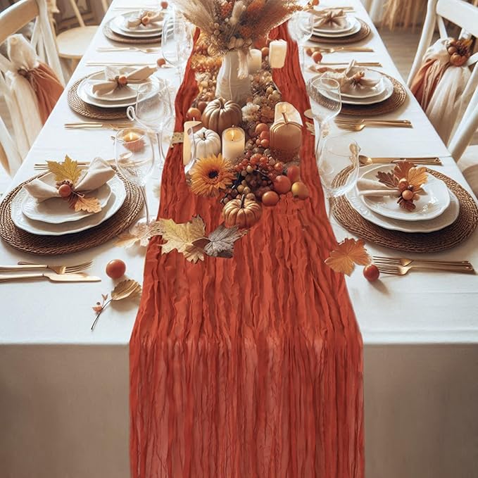 Snowkingdom 10 Ft Fall Table Runner Terracotta Cheesecloth, 120 inch Long Rust Burnt Orange Cheese Cloth Boho Gauze for Wedding Bridal Shower Rustic Sheer Thanksgiving Table Decorations
