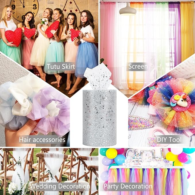 Glitter Tulle Rolls, 6” by 50 Yards (150FT) Sparkling Tulle Spool Ribbon Sequin Tulle Netting Fabric for Tutu Skirt Wedding Birthday Baby Shower (White)