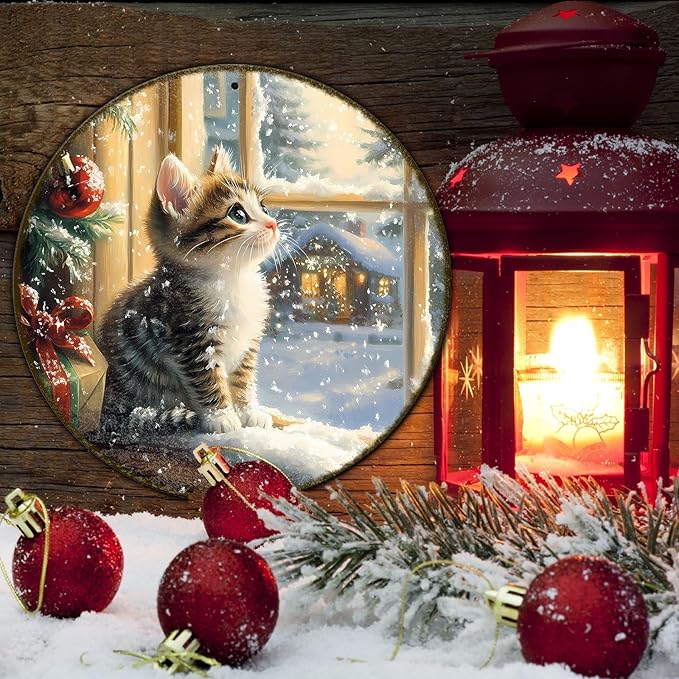 Round Christmas Sign Cats Vintage Metal Sign Christmas Kitten Retro Tin Sign Wall Decor for Home Office Bar Club Man Cave 12 * 12 in