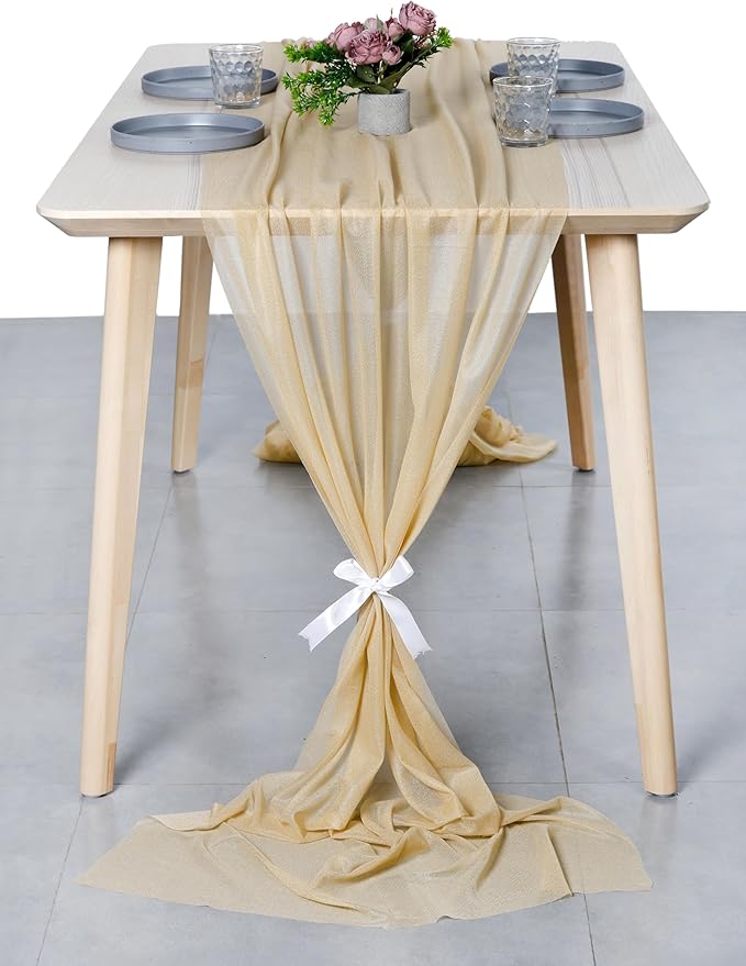 MDS 20 Pack 10ft Chiffon Table Runner 29 x 120 Inches Sheer Wedding Runner Romantic Rustic Table Runner for Wedding Decorations, Birthday Parties, Bridal Shower Party Arch Decor - Champagne Gold