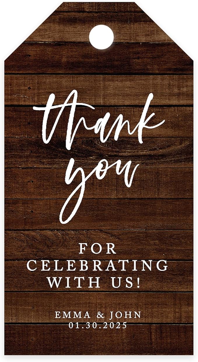 Andaz 100-Pack Personalized Thank You Tags - Custom Cardstock Wedding Favors with Bakers Twine & Rustic Wood Finish - 2 x 3.75-Inches