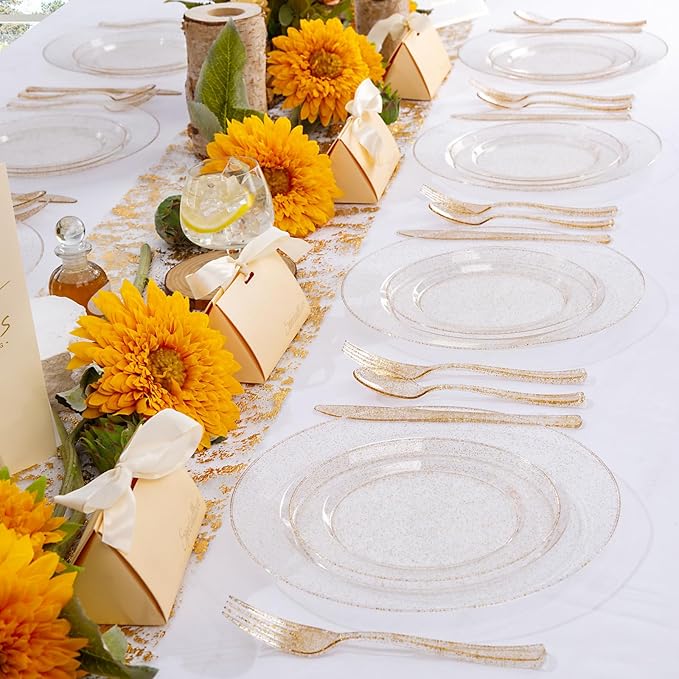 WDF 200PCS Gold Plastic Plates - Gold Glitter Plastic Plates - Heavy Duty Gold Glitter Disposable Plates - Include 100 Dinner Plates 10" and 100 Dessert Plate 7" for Parties/Wedding