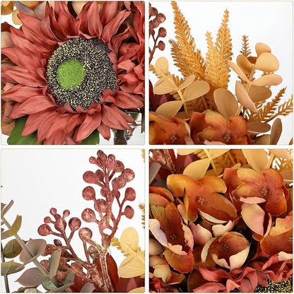 Silk Sunflowers Artificial Flowers with Mason Jar Centerpiece for Table Orange Red Fall Flowers in Vase Fall Floral Arrangement with Vase Thanksgiving Centerpiece for Dining Room Table Autumn Decor