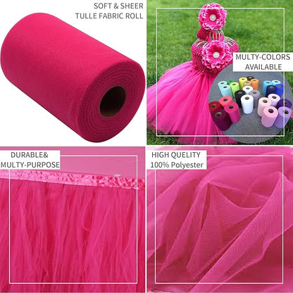 Fuchsia Tulle Fabric Rolls 6 Inch by 200 Yards (600 feet) Fabric Spool Tulle Ribbon for DIY Halloween Tutu Bow Baby Shower Birthday Party Wedding Decorations Craft Supplies