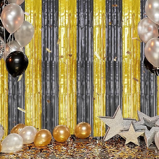 3 Pack Foil Fringe Backdrop - Black&Gold Shiny Tinsel Curtains for Party Decoration/Photo Booth Props - 3.3x8.2 FT Metallic Foil Backdrop for Birthday, Wedding, Graduation, Christmas.