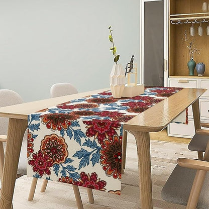 Mandala Flower Table Runner, Vintage Oriental Exotic Native Red Floral Blue Branch Leaves Botanical Print Table Runner for Farmhouse Kitchen Dining Table Decor, 13x90inch