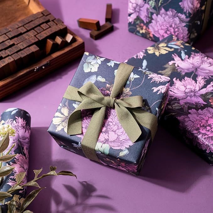 WRAPAHOLIC Kraft Floral Wrapping Paper Roll - Mini Roll - 17 Inch x 16.5 Feet - Vintage Flower Wrapping Paper Perfect for Wedding, Birthday, Bridal Shower, Tea Party