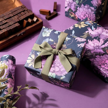 WRAPAHOLIC Kraft Floral Wrapping Paper Roll - Mini Roll - 17 Inch x 16.5 Feet - Vintage Flower Wrapping Paper Perfect for Wedding, Birthday, Bridal Shower, Tea Party
