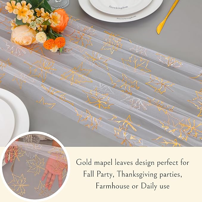 Snowkingdom Fall Table Runner, 10ft Gold Maple Leaves Gauze Chiffon Table Runners, Thanksgiving Decoration Sheer Cheesecloth Runner for Autumn Harvest Glitter White Sparkle Dining Party Decor 120 Inch
