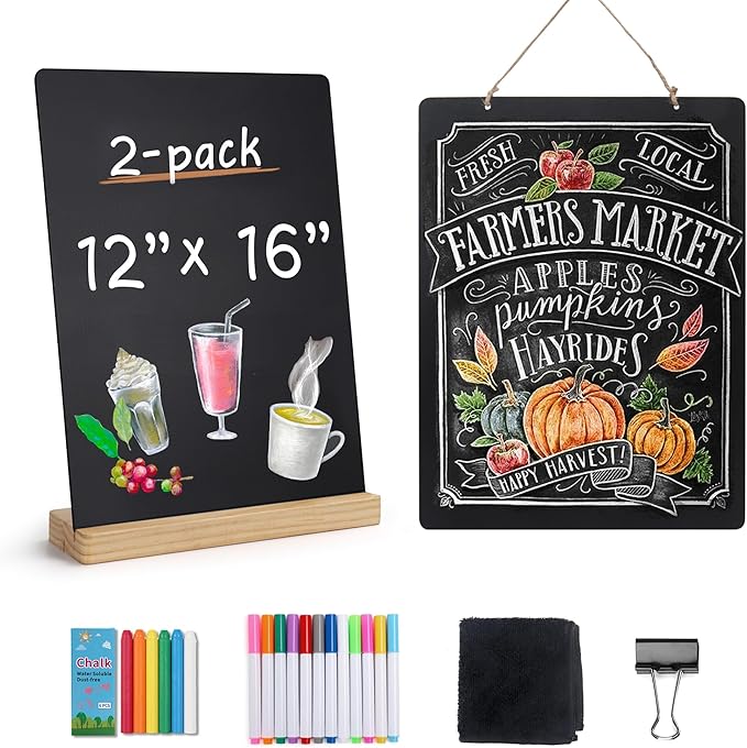 SELEAD Chalk Board Sign Board - 2 Pack 12x16 Inch Decorative Chalkboard with Wooden Stand + Hanging Rope, Table & Wall Decor, Double-Sided Message Menu Food Board for Business, Wedding