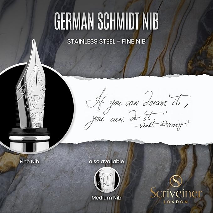 Scriveiner Midnight Blue Fountain Pen - Stunning Luxury Pen with Chrome Appointments, Schmidt Nib (Fine), Best Pen Gift Set for Men & Women, Professional, Executive, Office, Nice Pens