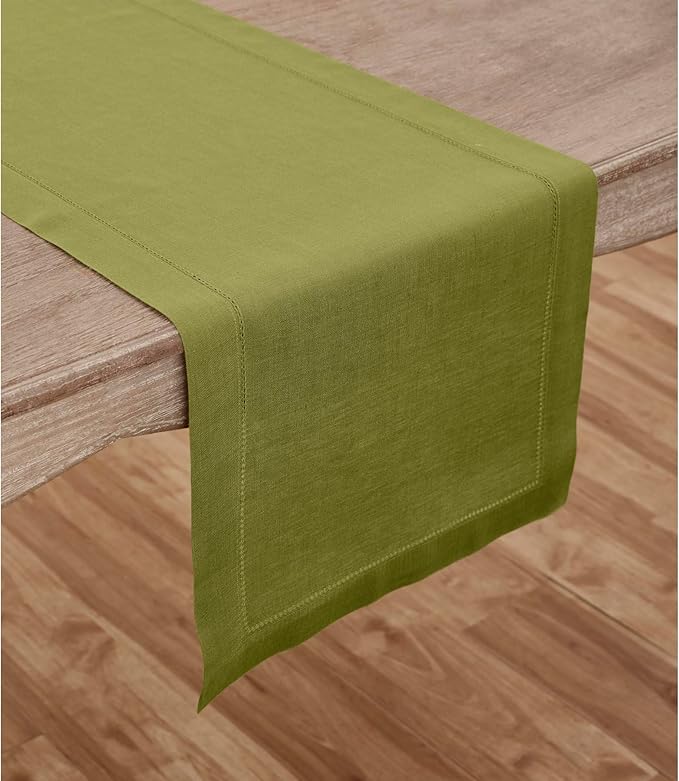 Solino Home Linen Avocado Green Hemstitch Table Runner 60 Inches - 100% Pure Linen Small Table Runner 14 x 60 Inch Ideal for Dresser and Coffee Tables - Classic Hemstitch - Fall, Autumn, Thanksgiving