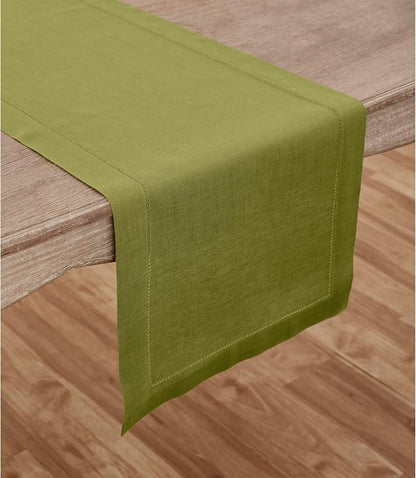 Solino Home Linen Avocado Green Table Runner 72 Inches Long - 100% Pure Linen Hemstitch Table Runner 14 x 72 Inch for Dresser, Dining, Fall, Autumn, Halloween, Thanksgiving - Classic Hemstitch