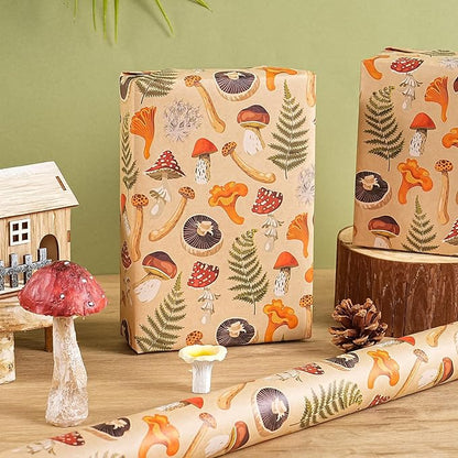 WRAPAHOLIC Kraft Mushroom Wrapping Paper Roll - Mini Roll - 17 Inch x 16.5 Feet - Mushroom Gift Wrapping Paper for Birthday, Baby Shower, Autumn