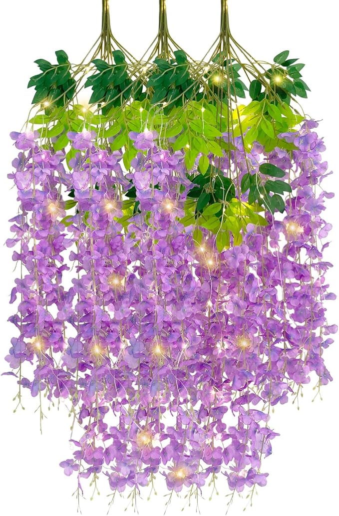 12 Pack Light Purple Wisteria Hanging Flowers Garland with Lights, 3.44 Feet Artificial Flower Vines, Fake Wisteria, Artificial Vines Hanging Garland for Backdrop Outdoor Patio Garden Decor