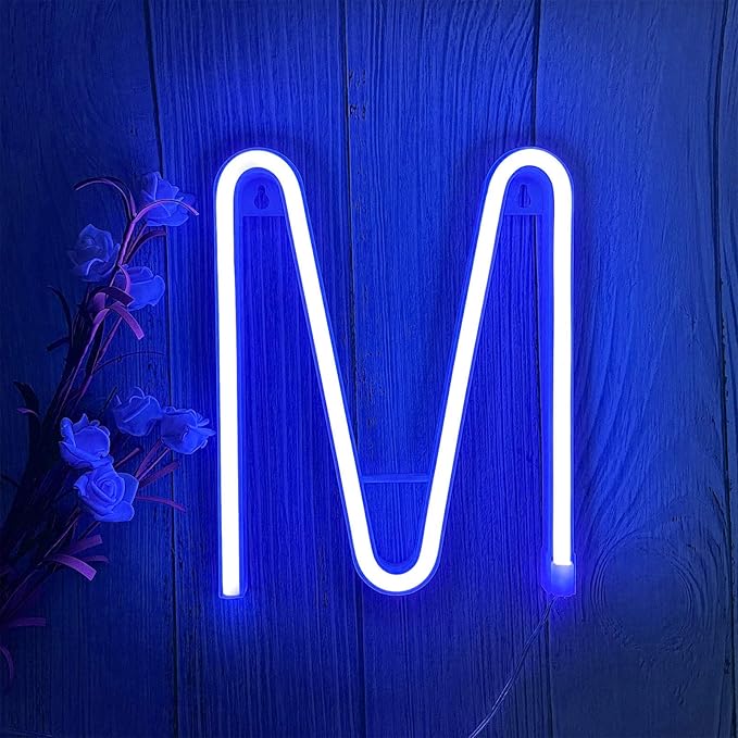 LED Blue Neon Letter Signs Night Light Battery or USB Operated LED Marquee Letters Neon Art Decorative Lights Wall Decor for Children Baby Room Christmas Wedding Party Decoration(M)